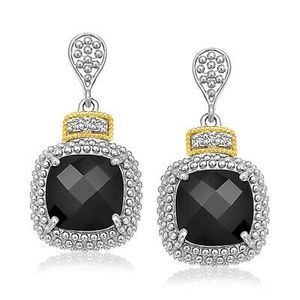 18k Yellow Gold & Sterling Silver Black Onyx & Diamond Earrings (.05cttw)